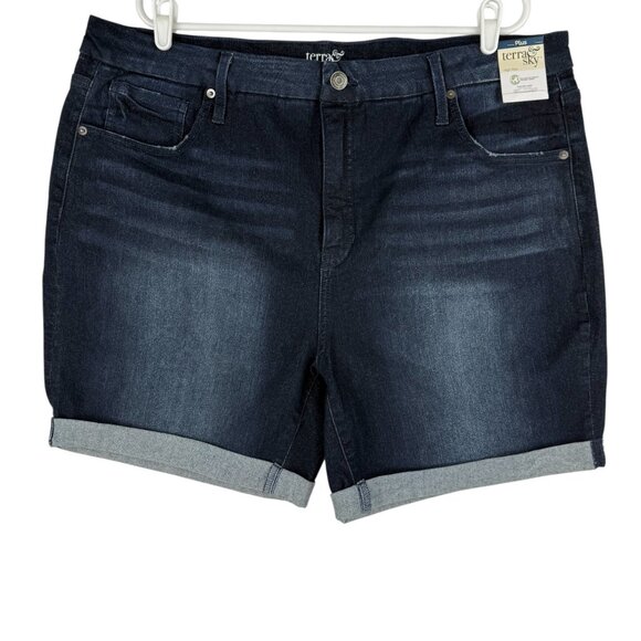 Terra Sky Womens Stretch High Rise Rolled Cuff Blue Denim Shorts Plus Sz 22W NWT - Picture 1 of 10